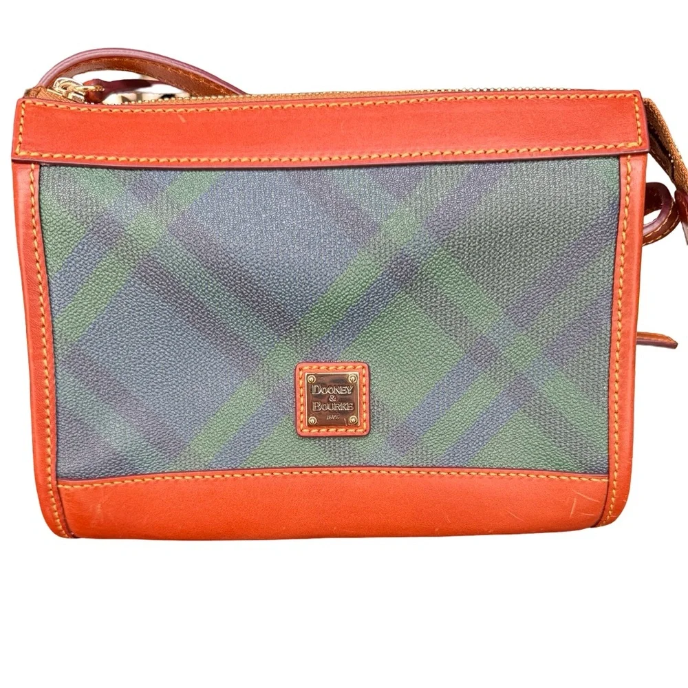 Dooney & Bourke Green Tartan Plaid Canvas & Brown Leather Crossbody Shoulder Bag
